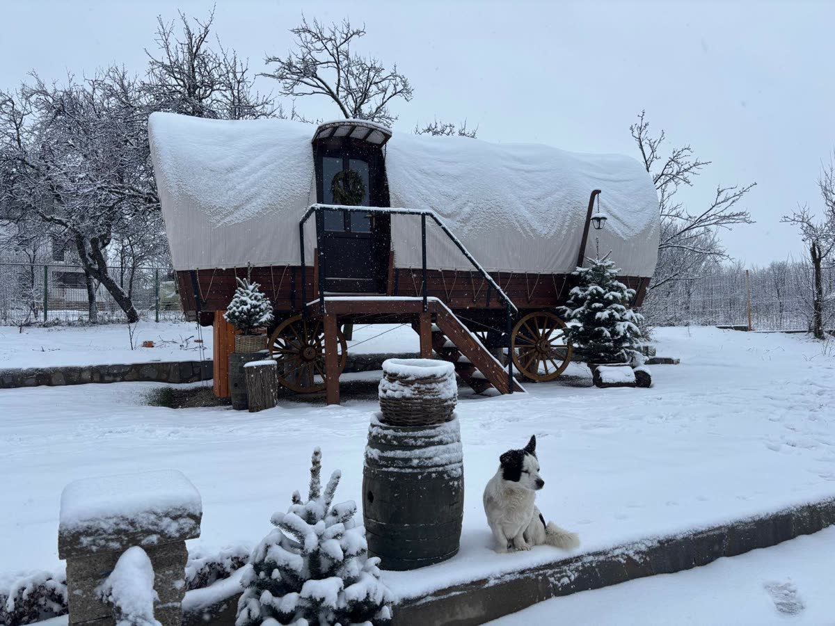 A glamping szekér télen, havas környezetben, négyévszakos használatra